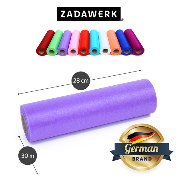 Organzarolle der deutschen Marke ZADAWERK in lila. Maße der Stoffbahn: 28 cm x 30 m und eine Übersicht der Organzarollen in allen verfügbaren Farbvarianten.