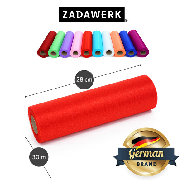 Organzarolle der deutschen Marke ZADAWERK in rot. Maße der Stoffbahn: 28 cm x 30 m und eine Übersicht der Organzarollen in allen verfügbaren Farbvarianten.