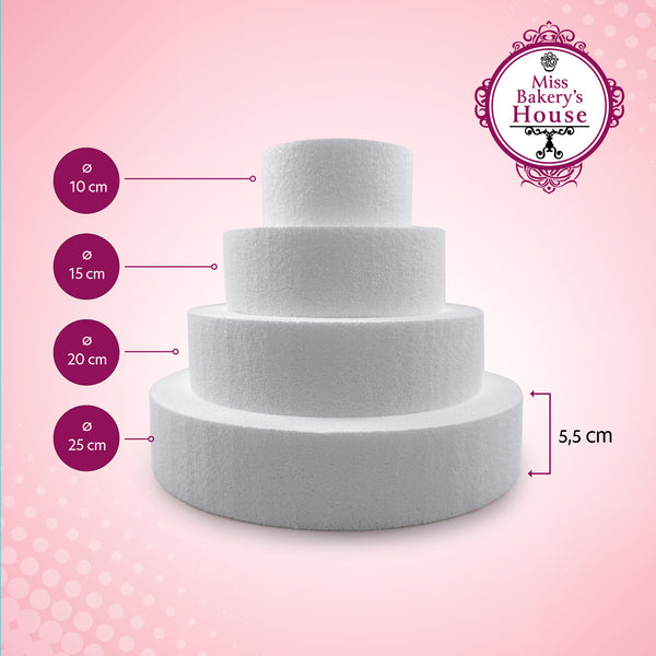 Cake Dummy - Set 2 - 5,5 cm - Styroporscheiben Ø 10 cm + 15 cm + 20 cm + 25 cm - 4-stöckig - 22 cm Gesamthöhe