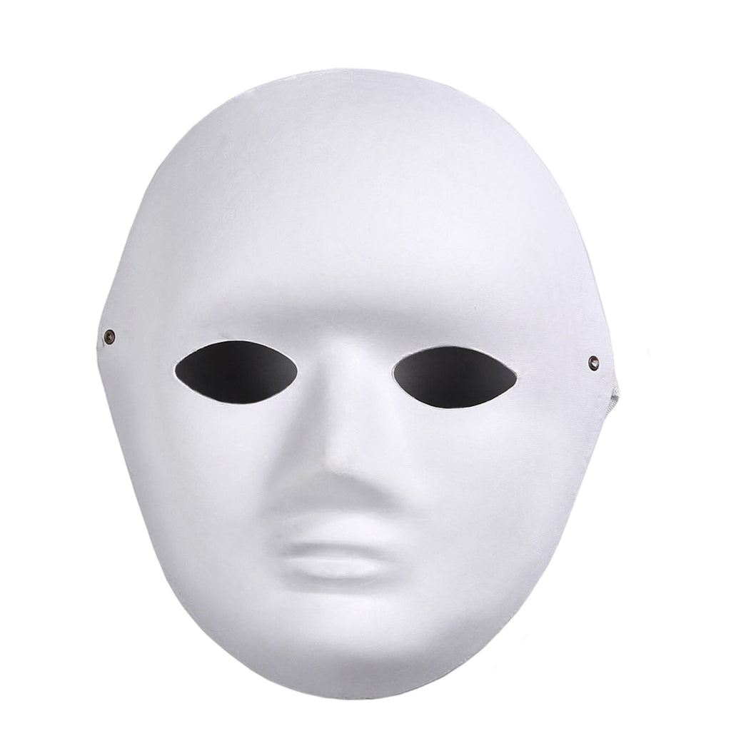Frontansicht einer weißen Damen-Maske. Für die Augen wurden bereits Löcher in das Material geschnitten.