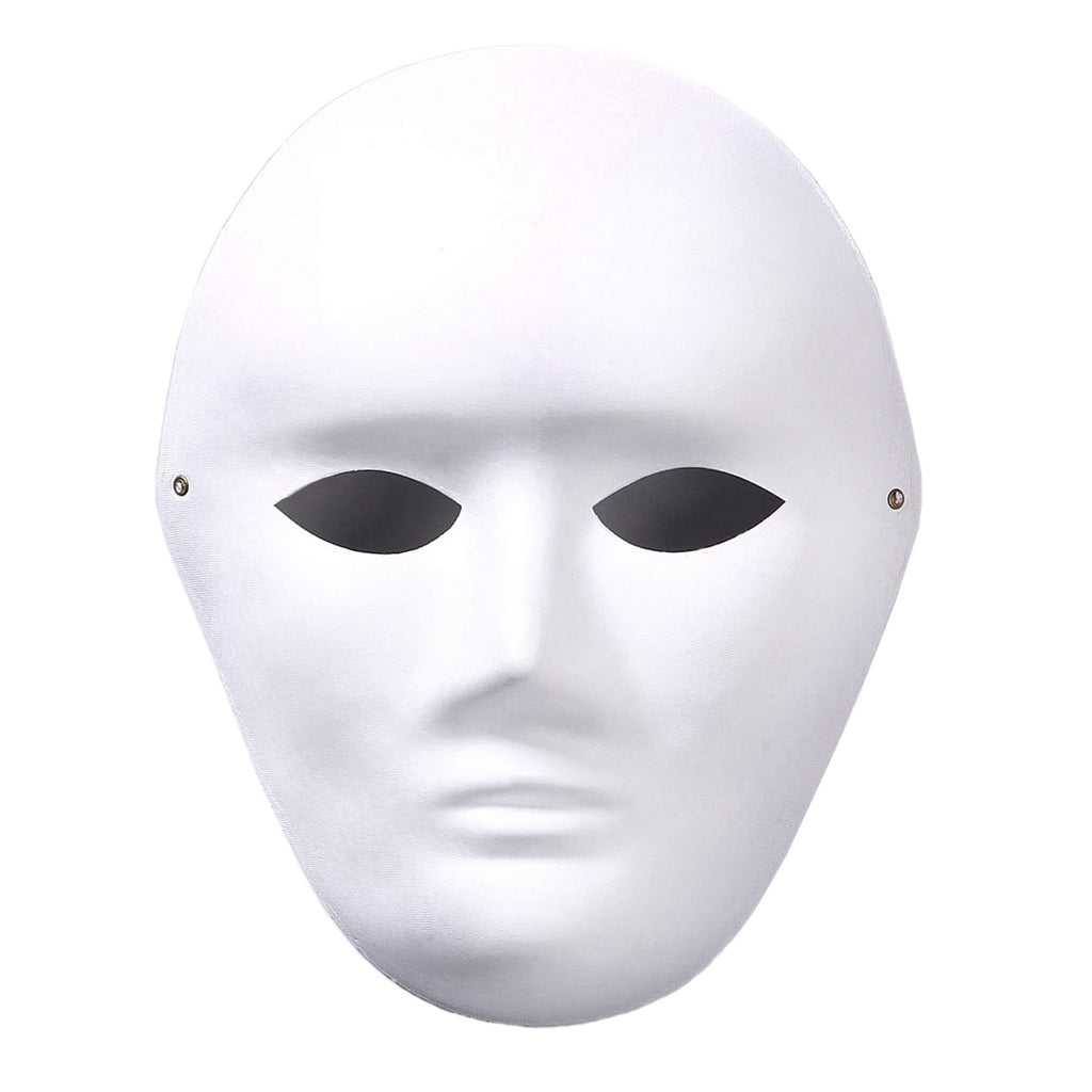 Ansicht einer weißen Herren-Maske von vorne. Für die Augen wurden bereits Löcher in das Material geschnitten.