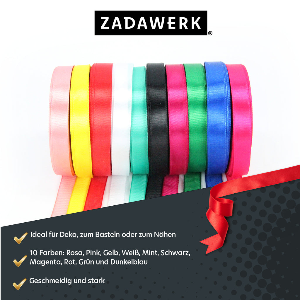 Satinband - 12 mm x 23 m - 10 Rollen in 10 kräftig leuchtenden Farben –  Zadawerk