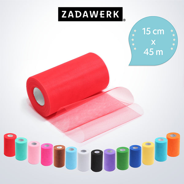 Liegende rote Tüllrolle von ZADAWERK, etwas abgerollt, um die Materialbeschaffenheit zu zeigen, Breite und Länge der Stoffbahn (15 cm x 45 m) und eine Übersicht aller erhältlichen Farben.