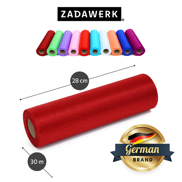 Organzarolle der deutschen Marke ZADAWERK in bordeaux. Maße der Stoffbahn: 28 cm x 30 m und eine Übersicht der Organzarollen in allen verfügbaren Farbvarianten.