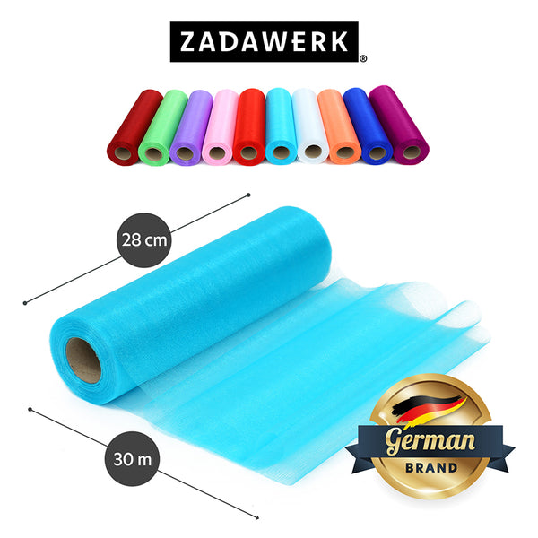 Organzarolle der deutschen Marke ZADAWERK in hellblau, etwas abgerollt zur Ansicht der Materialbeschaffenheit. Maße der Stoffbahn: 28 cm x 30 m und eine Übersicht der Organzarollen in allen verfügbaren Farbvarianten.
