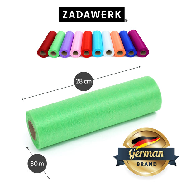 Organzarolle der deutschen Marke ZADAWERK in grün. Maße der Stoffbahn: 28 cm x 30 m und eine Übersicht der Organzarollen in allen verfügbaren Farbvarianten.