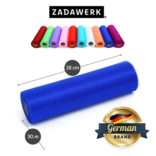 Organzarolle der deutschen Marke ZADAWERK in blau. Maße der Stoffbahn: 28 cm x 30 m und eine Übersicht der Organzarollen in allen verfügbaren Farbvarianten.