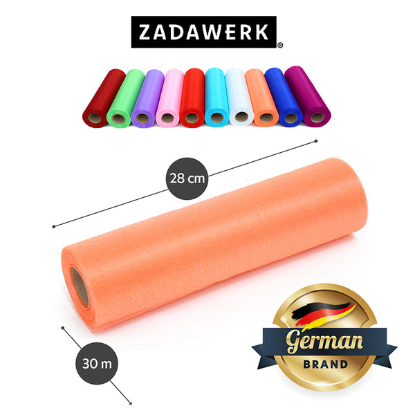 Organzarolle der deutschen Marke ZADAWERK in koralle. Maße der Stoffbahn: 28 cm x 30 m und eine Übersicht der Organzarollen in allen verfügbaren Farbvarianten.