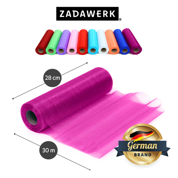 Organzarolle der deutschen Marke ZADAWERK in pink, etwas abgerollt zur Ansicht der Materialbeschaffenheit. Maße der Stoffbahn: 28 cm x 30 m und eine Übersicht der Organzarollen in allen verfügbaren Farbvarianten.