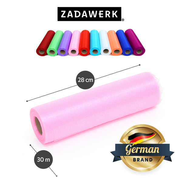 Organzarolle der deutschen Marke ZADAWERK in rosa. Maße der Stoffbahn: 28 cm x 30 m und eine Übersicht der Organzarollen in allen verfügbaren Farbvarianten.