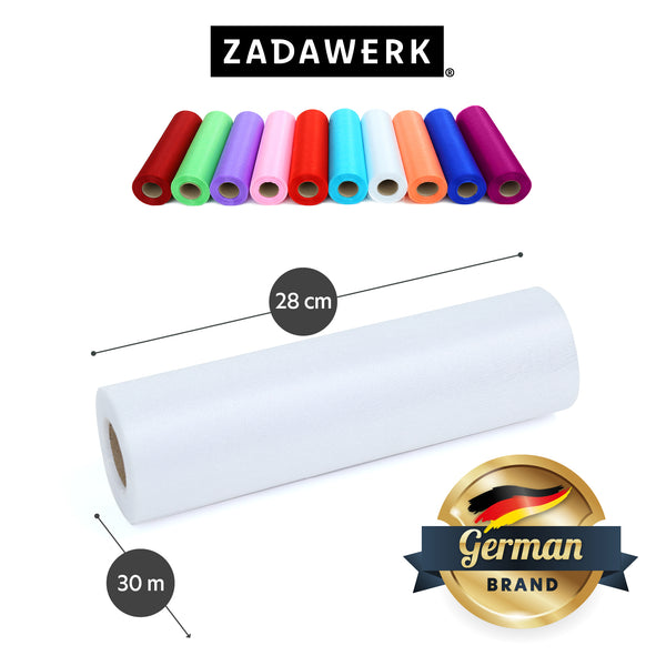 Organzarolle der deutschen Marke ZADAWERK in weiß. Maße der Stoffbahn: 28 cm x 30 m und eine Übersicht der Organzarollen in allen verfügbaren Farbvarianten.