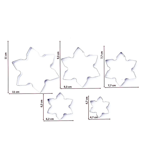 Alle 5 Ausstechformen des Sets C002 mit Maßangaben: je 1 St. 11x11 + 9,3x9,3 + 7,7x7,7 + 6,2x6,2 + 4,7x4,7 cm.
