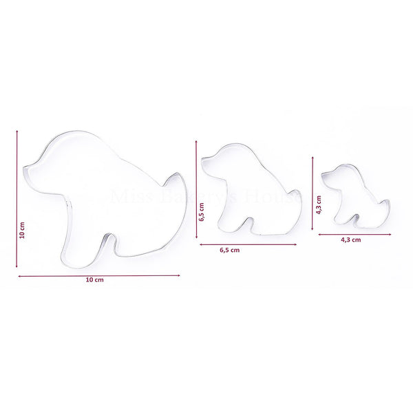 Alle 3 Ausstechformen des Sets C012 mit Maßangaben: je 1 Hundewelpe 10x10 + 6,5x6,5 + 4,3x4,3 cm.